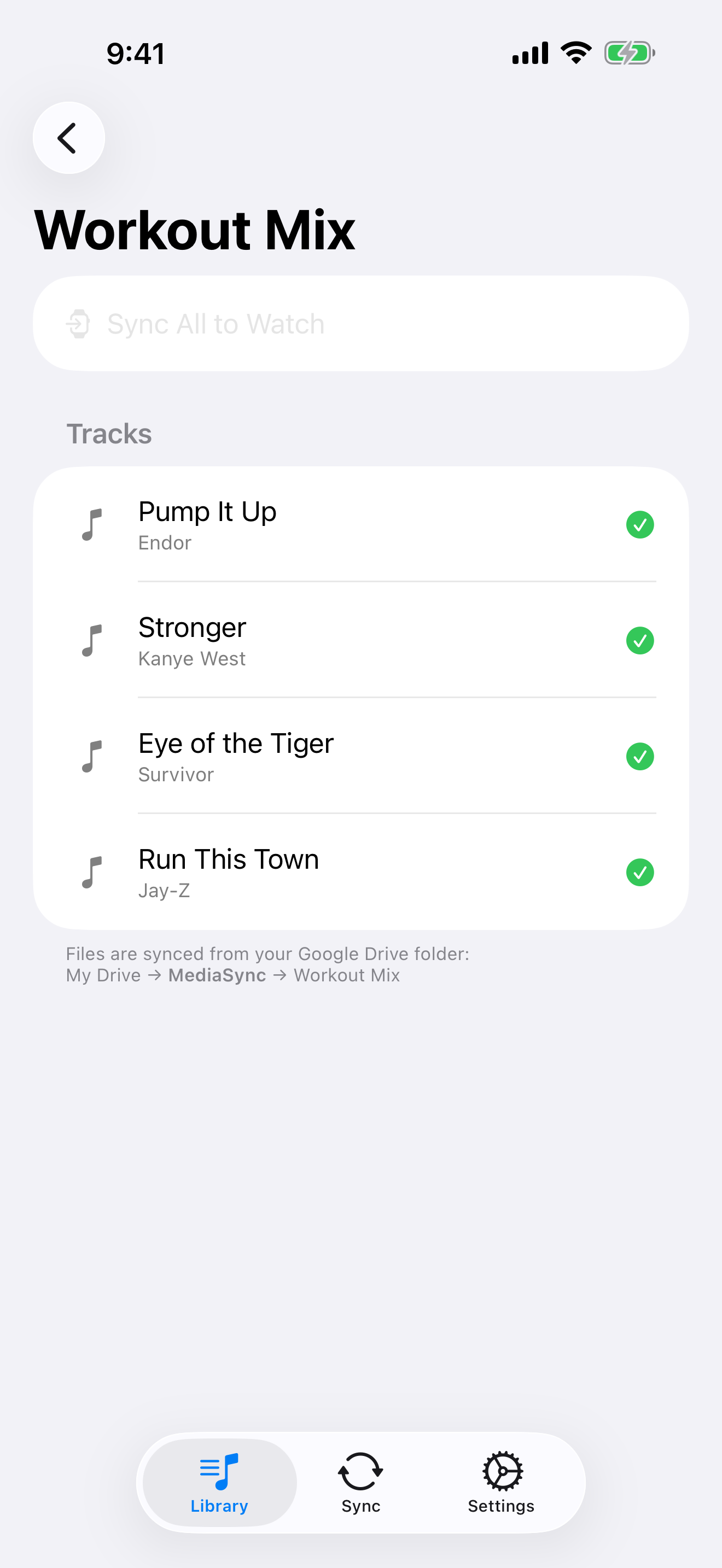 Tracks in a playlist with sync status
